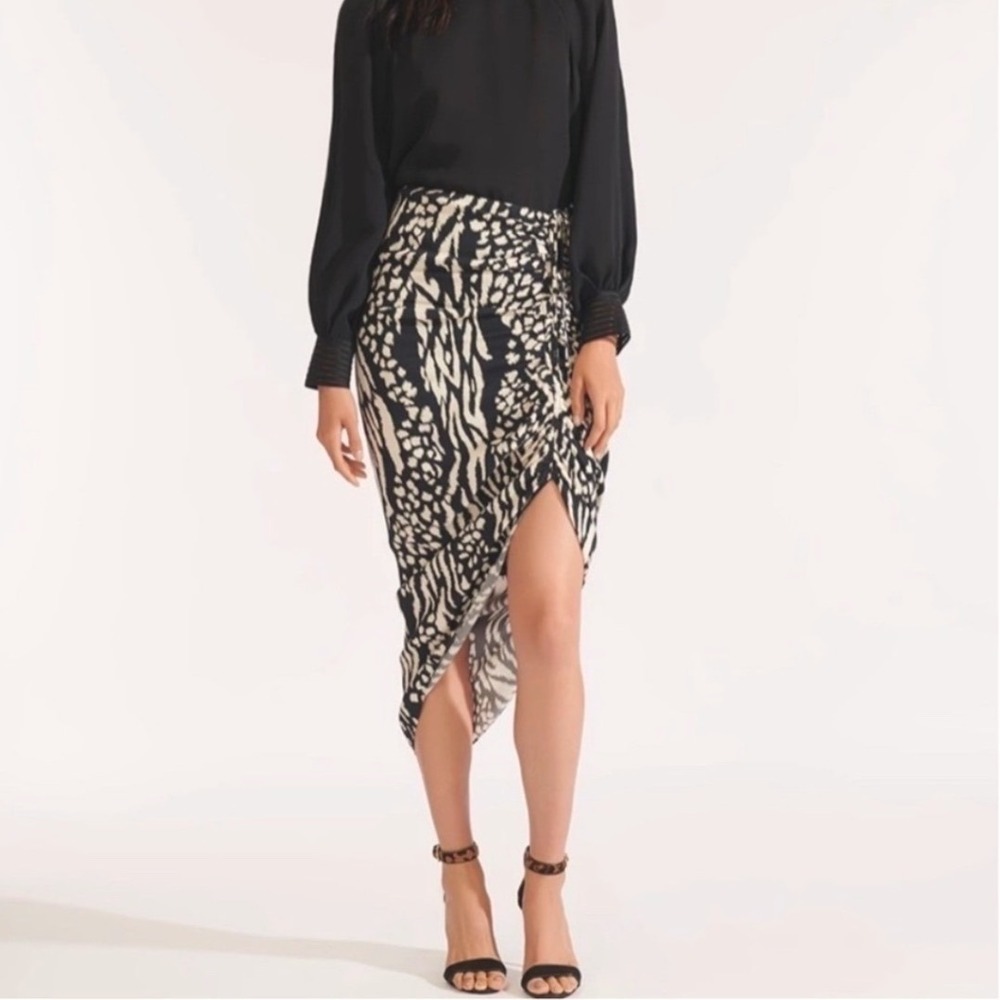 Veronica Beard Zebra Leopard Print Ruched Midi Skirt Black White Chic 6